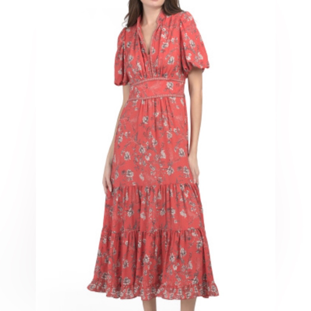 Crepe V-Neck Tiered Red Floral Maxi Dress